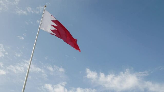 A wide-shot of a Bahrain flag flying against a blue sky.