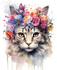 Watercolor Cat with flowers on a white background, Generative AI