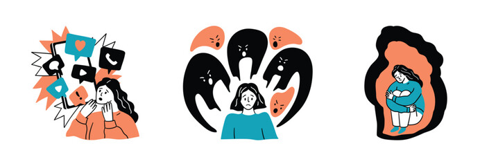 Cartoon Color Mental Health and Psychology Concept Set Flat Design Style. Vector illustration of Scene with Person in Loneliness