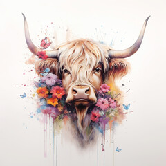 Highland Cow With Colorful flower watercolor, Generative AI