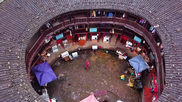 Birds Eye View closeup aerial shot of a Unesco World Heritage Tulou Hakka, Fujian, China