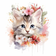 Watercolor Cat with flowers on a white background, kitten, Generative AI