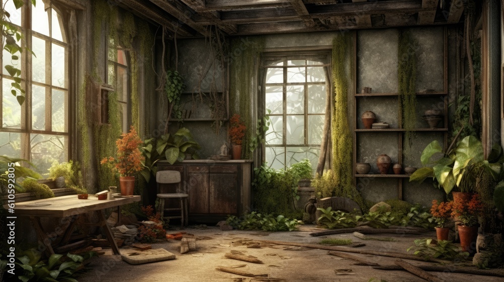 Canvas Prints unclean abandoned post-apocalyptic classic room background with plants, generative ai