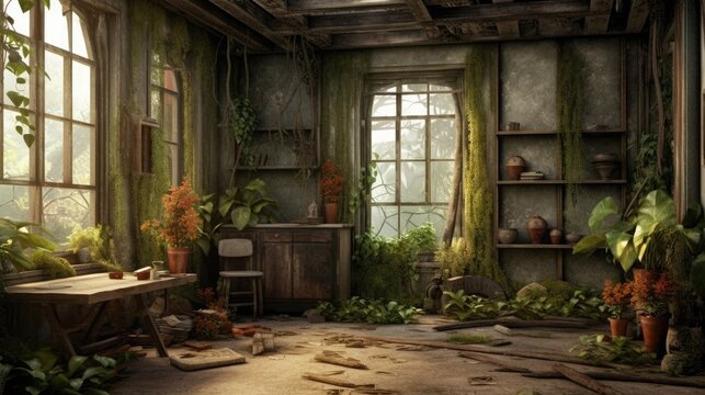 unclean abandoned post-apocalyptic classic room background with plants, Generative AI