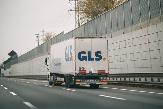 16.04.2023 Poland, Europe. GLS truck. General Logistics Systems, shortened to GLS delivery van speeding by countryside.