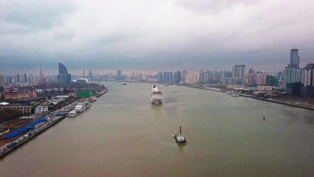 Viking Sun Cruise Ship Arriving to Shanghai, China. Aerial Shot
