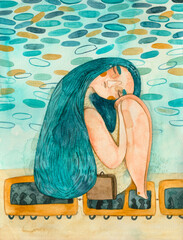 A girl traveling on a train