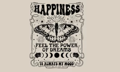 Fototapete Positive Typografie Happiness is always my mood. Butterfly graphic print design. Flower retro artwork. Positive vibes t-shirt design. Feel the power of dreams. Black and white print.