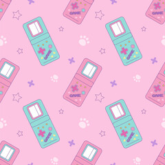 Electronic retro game. Vector seamless pattern in kawaii style. An old vintage console from the 90s