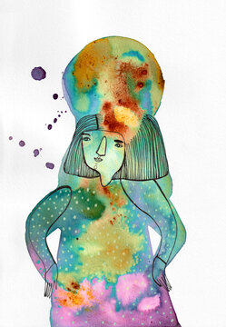 A colourful figure standing and thinking