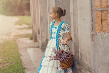 Young pretty smiling girl in vintage elegant old-fashioned dress standing with basket of heather...