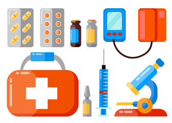 Big set of microscope, bottles with pills, sprey for throat, ampules and other medicine for healthcare. Illustration for websites, mobile applications, posters and banners. Medical concept