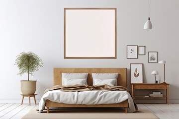 Mock up poster frame in modern bedroom interior