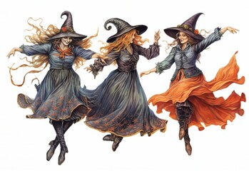Realistic dancing witches full body hand drawn, Generative AI.