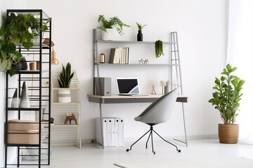 interior background design lamp contemporary shelf workplace living desk workspace table. Generative AI.