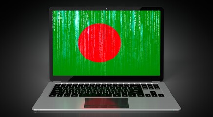 Bangladesh - country flag and binary code on laptop screen - 3D illustration