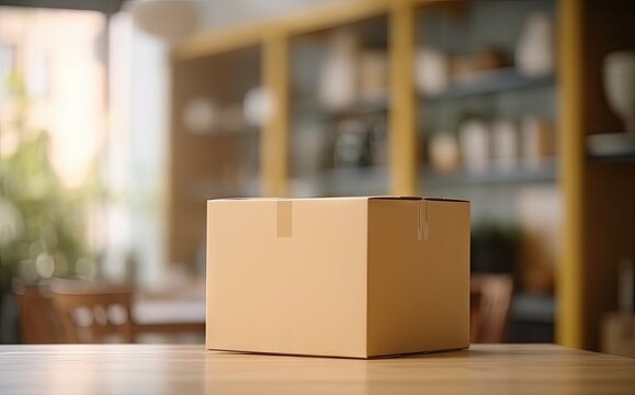 Closeup Delivery Box and Parcel on Table for Online Shopping and Commerce