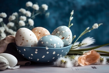 Obraz na płótnie Canvas Happy easter day celebration concept, Colorful Easter eggs and flowers background , Created with generative AI