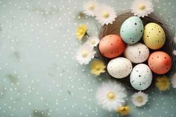 Happy easter day celebration concept, Colorful Easter eggs and flowers background , Created with generative AI