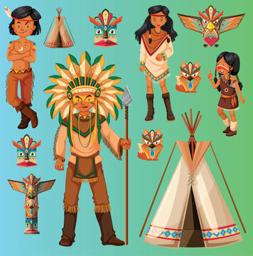  Native american indian people and tepee illustration