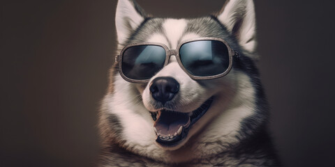 studio photo shot of cute smiling Alaskan Malamute Dog in sunglasses with funny expression on its face on dark background. Generative AI