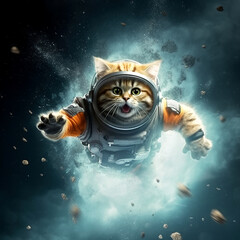 Science fiction space wallpaper with cat astronaut. A space-suited cat is floating.AI-generated image.