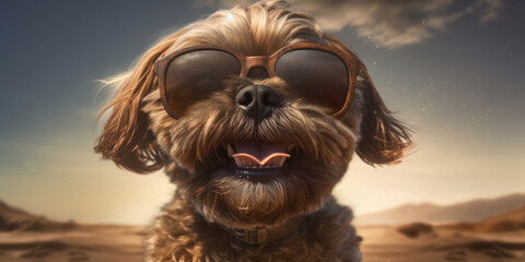 Coastal Canine: Cute Shih Tzu Dog with Funny Sunglasses, Beach Joy. Generative AI