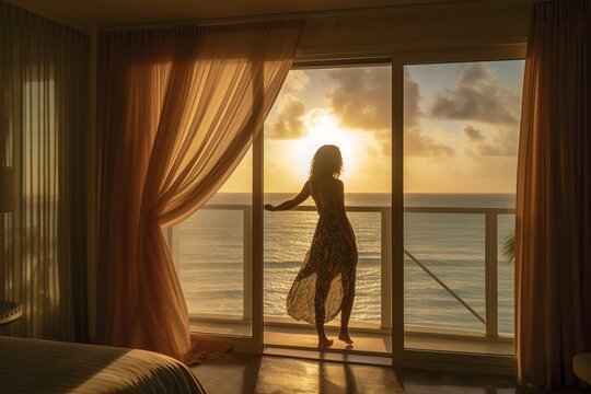 Rear view of a woman standing at the window of her hotel room, gently pulling open the curtains to embrace the soft morning sunlight.
