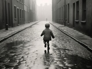 A small boy runs away from the camera in a 1920's street.