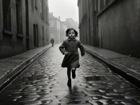A small girl running in the street in 1920's England.