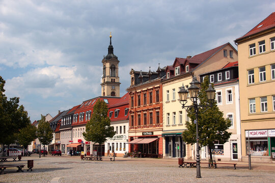 Werdau, Germany - June 5, 2023: Market square of Werdau, part of the Landkreis Zwickau in Saxony. Werdau was a big textile and automobile production center, now deindustrialized.