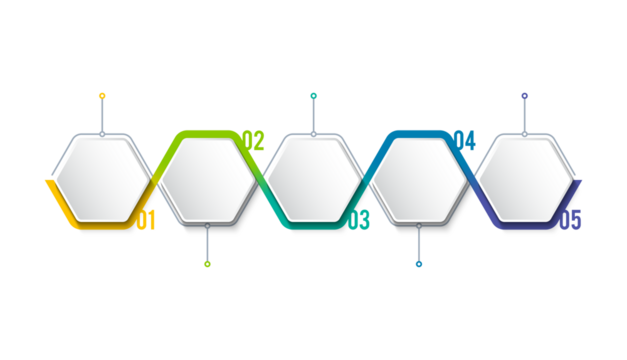 Business infographic template with step or option design. Infographics five options. Diagram with hexagons.