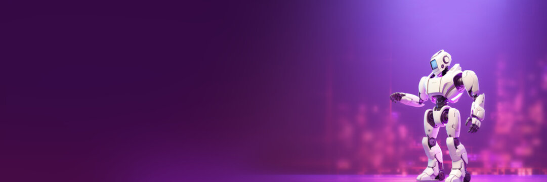 white robot isolated on purple background, banner, generative ai
