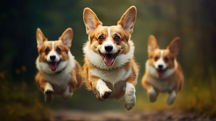 Naklejka na ściany i meble Colorful Corgi Fun: Three Cute Pembroke Welsh Corgi Dogs Jumping for Treats. Generative AI
