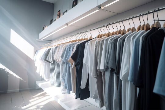 Row of shirts hanging on clothing rail in shop. Generative AI illustration