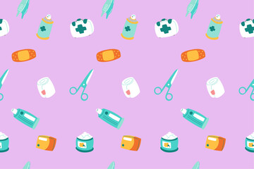 Cute Medical Seamless Pattern Perfect Kids Apparel Trendy Cartoon Textile for Healthcare nursery Hospital Clinic Wrapping Collage Drug Pharmacy Emergency Doctor Print Vector Illustrations