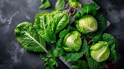 Fototapeta premium Cabbage of different varieties and types, flatlay vegetables, a banner filled with products. Concept: healthy eating, vegetarianism, types of plant foods. Generative AI