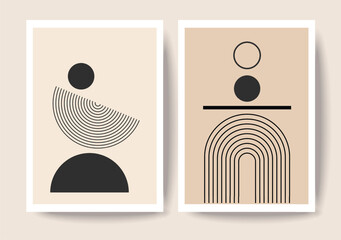 Mid Century Modern Art Print Set of 2, Neutral Beige Geometric Wall Art, Circle, Lines, Rainbow, and Arch	
