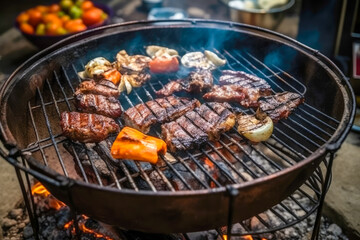  delicious grilled beef steaks on barbecue grill with flame. Good food. Picnic concept. Generative AI