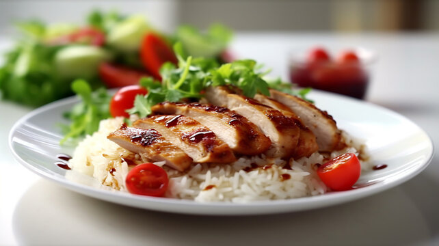 Grilled chicken teriyaki rice with tomato on a restaurant background