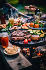  delicious grilled beef steaks on barbecue grill with flame. Good food. Picnic concept. Generative AI