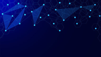 Abstract technology background with connecting dots and lines and hexagons shapes. Big data visualization, network connection, and communication technology concept.
