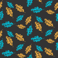 Grunge Pattern with Blue and Orange Oak Leaves