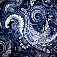 A blue Paisley pattern with a detailed contour and ornaments, outline. Generative AI © Nico Vincentini