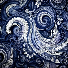 A blue Paisley pattern with a detailed contour and ornaments, outline. Generative AI © Nico Vincentini