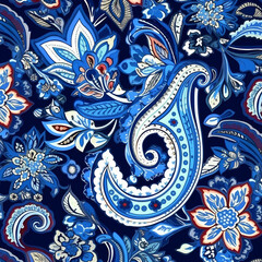 A blue Paisley pattern with a detailed contour and ornaments, outline. Generative AI