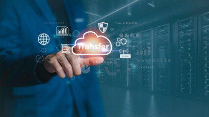 cloud technology data storage and transfer, a global network infrastructure for online access to databases and files in upload and download. With secure software backup data.