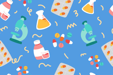 Cute Medical Seamless Pattern Perfect Kids Apparel Trendy Cartoon Textile for Healthcare nursery Hospital Clinic Wrapping Collage Drug Pharmacy Emergency Doctor Print Vector Illustrations
