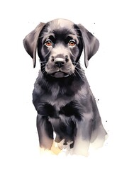 Cute black Labrador puppy on white background, cartoon watercolor illustration. Generative AI.