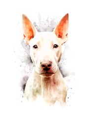 Cute Bull Terrier dog on white background, cartoon watercolor illustration. Generative AI.